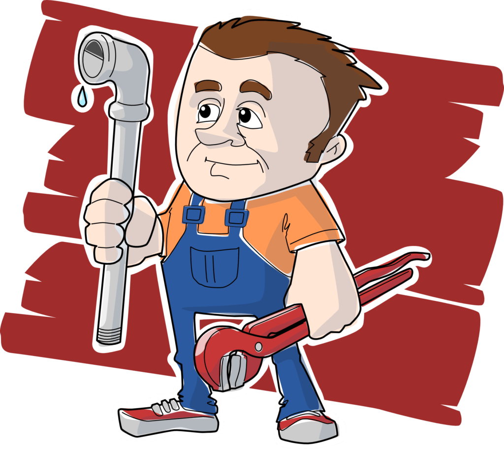 Dachklempner Comicfigur mit Fallrohr und Werkzeug